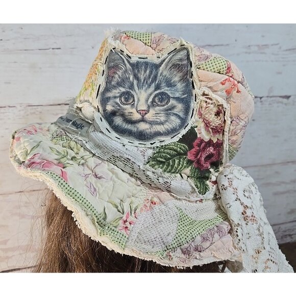 OOAK Magnolia Boho Quilt Top Hat Indie Upcycled Frida Bird Vtg Cat Adjusts L-S - Picture 4 of 14